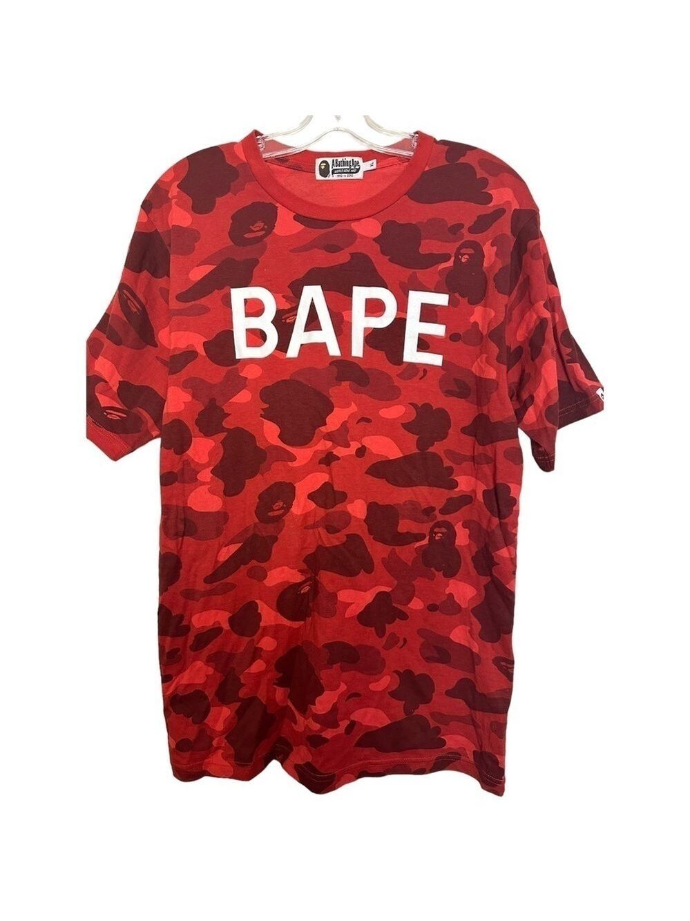 A Bathing Ape BAPE Color Red Camo College Logo Crewneck Tee Rare Made in Japan